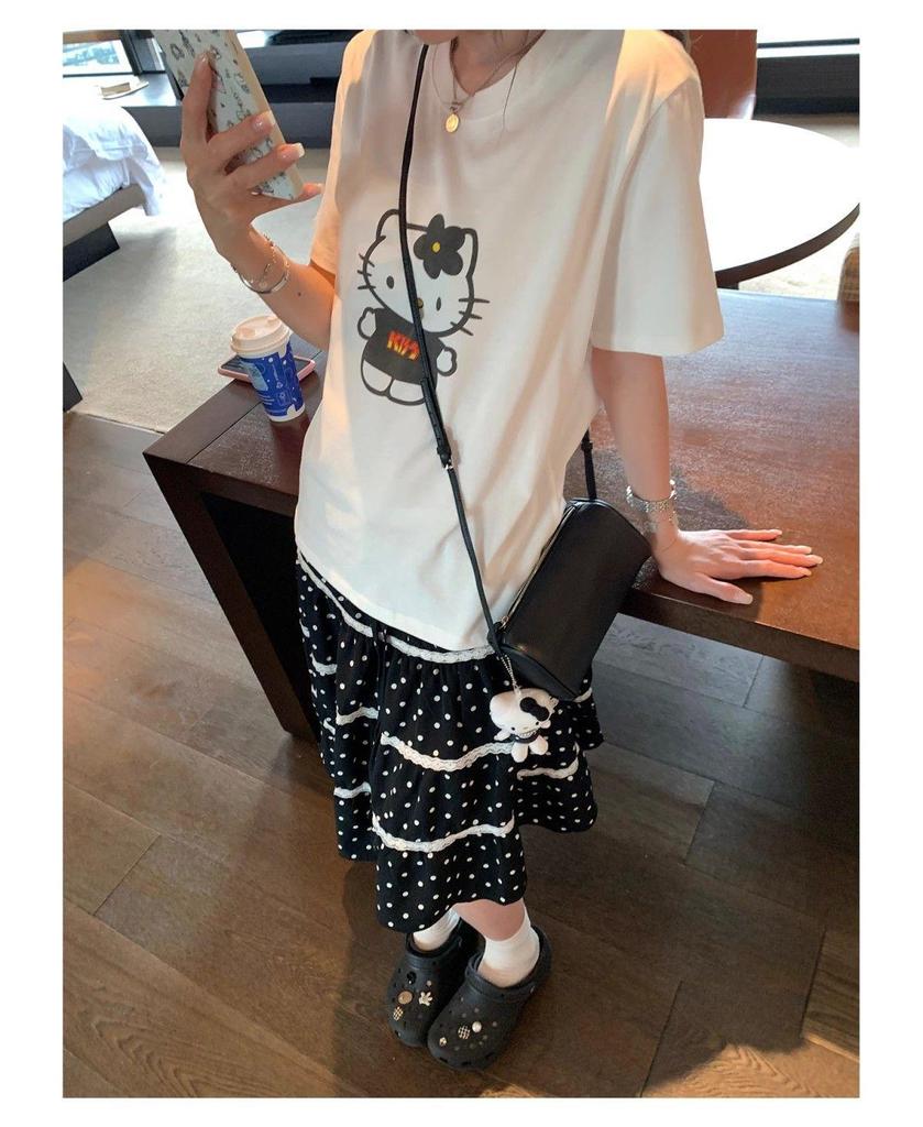 Women's Sweet Black A-line Skirt with Brown Sugar Rose Lace & Polka Dots - Thin Summer Style