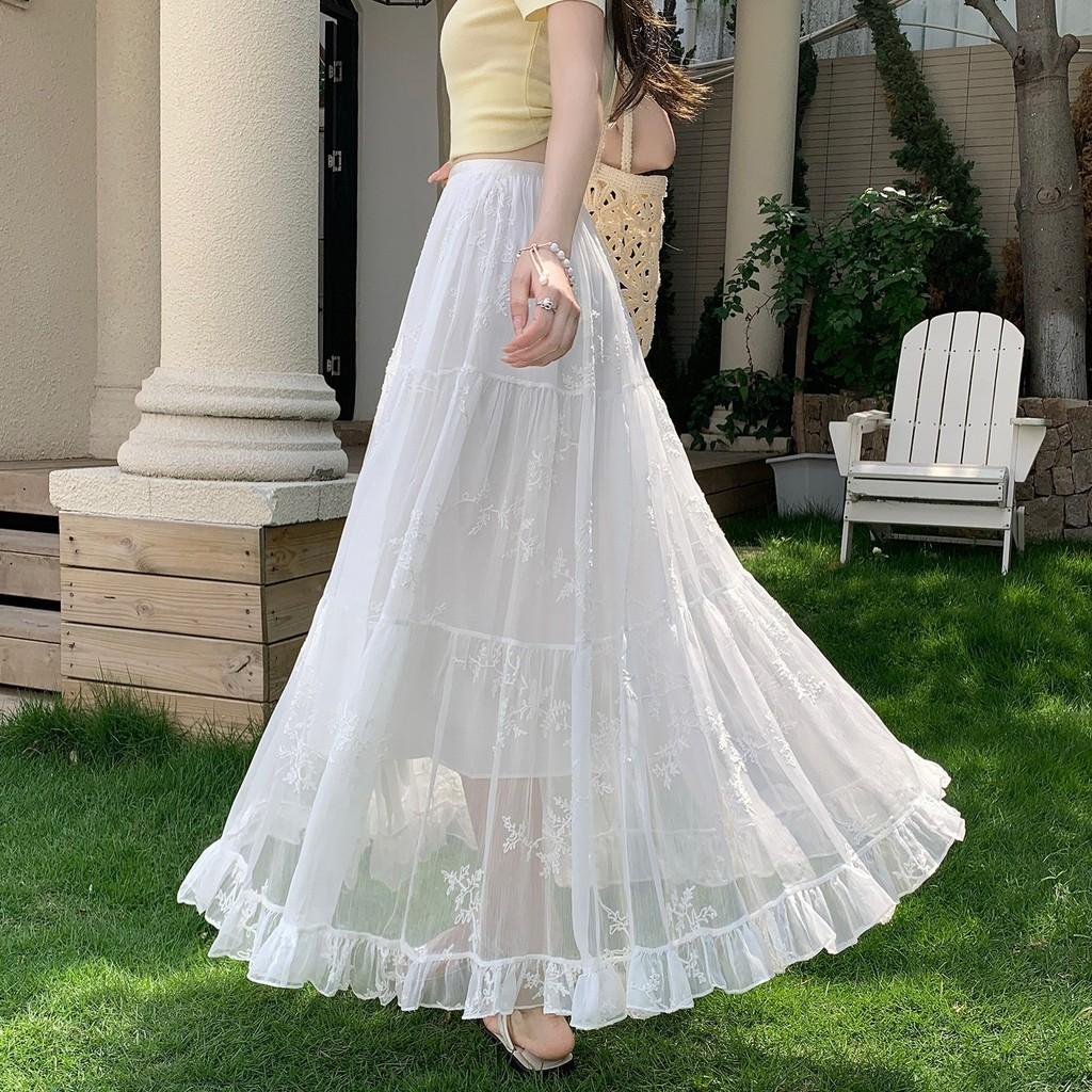 Qooth Lace Embroidered Tulle Maxi Skirt High-Waist Slimming A-Line Tiered Cake Skirt Fairy Full Flare Summer QT2914