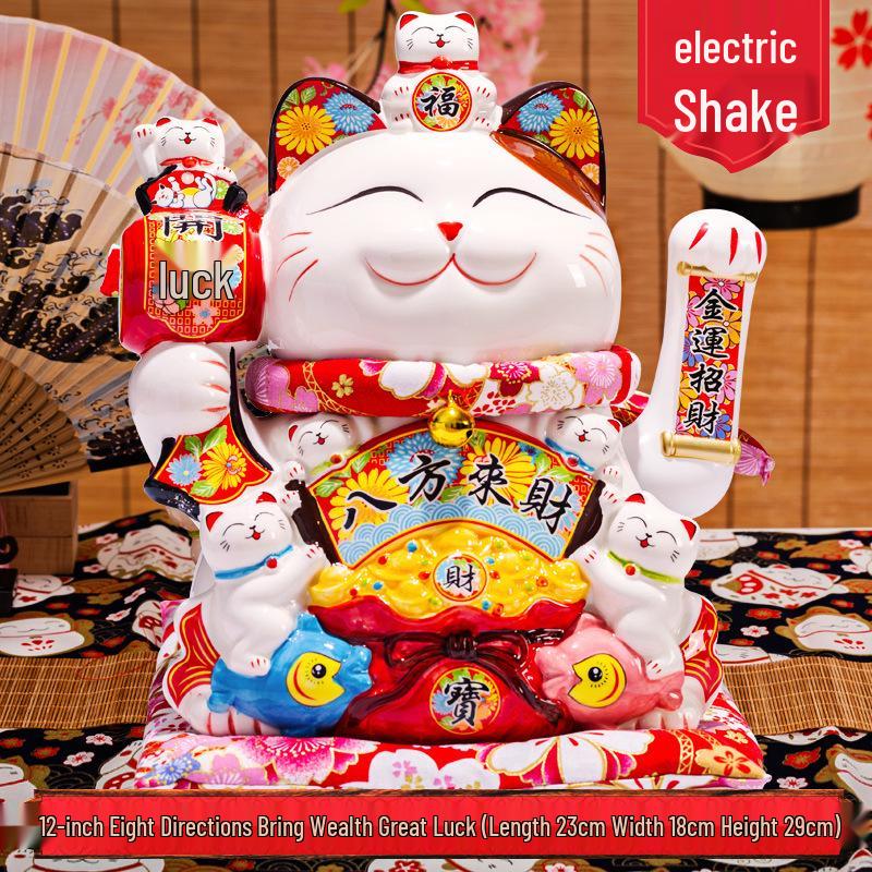 Medium Ceramic Lucky Cat Figurine with Electric Waving Paw - Prosperity Charm for Shops and Gifts