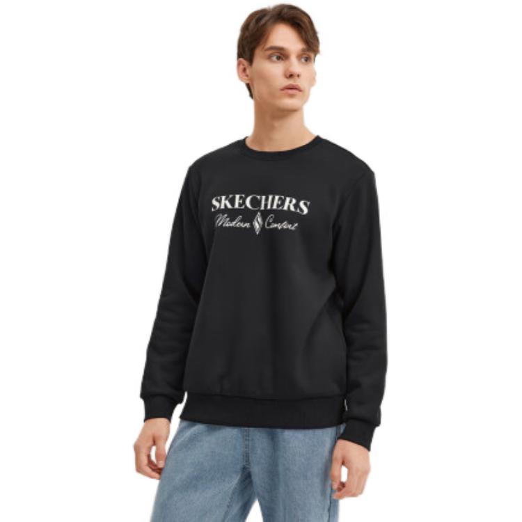 Skechers Letter Round Neck Knitted Fleece Pullover Sweatshirt Unisex sweatshirt Carbon-Black L423M173-0018