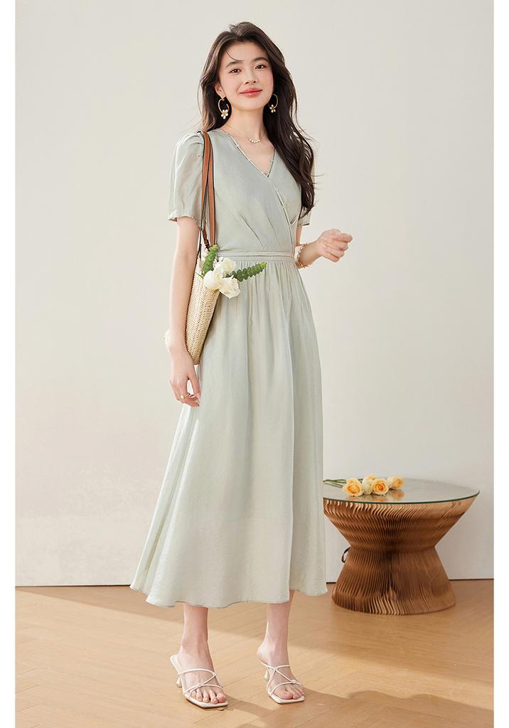 French Style V-Neck Bubble Sleeve Waist-Cinching Long Dress for Women