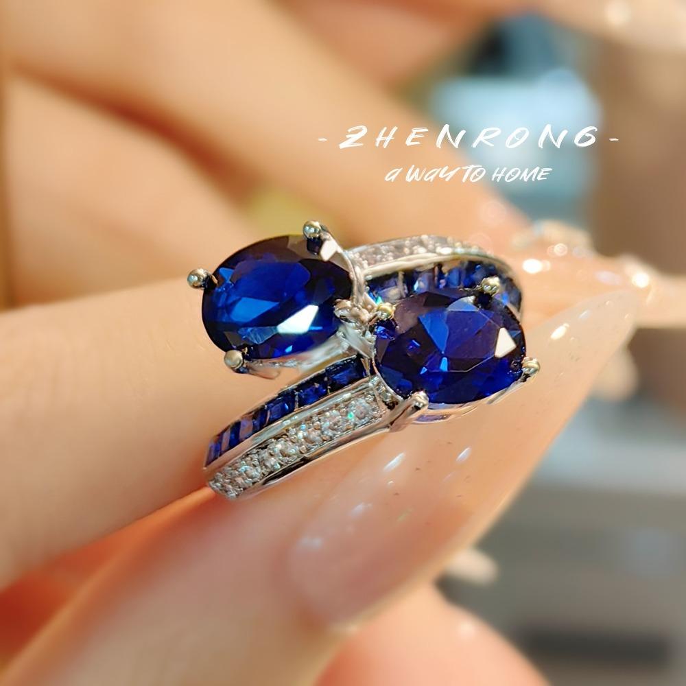 

Vintage French Style Open Ring Red Corundum High Carbon Blue Spinel Women Jewelry adjustable