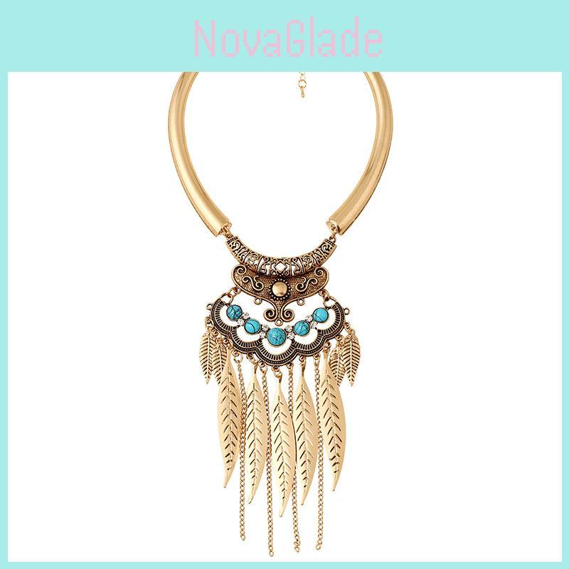 Vintage Gold Leaf Pendant Necklace With Tassel For Boho Fashion And Casual Wear