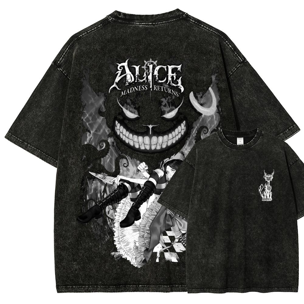 Alice Madness Returns Vintage Washed Graphic Print T Shirt Unisex Crew Neck Short Sleeve Cotton Casual Streetwear Fashion Tees Tops for Men Women