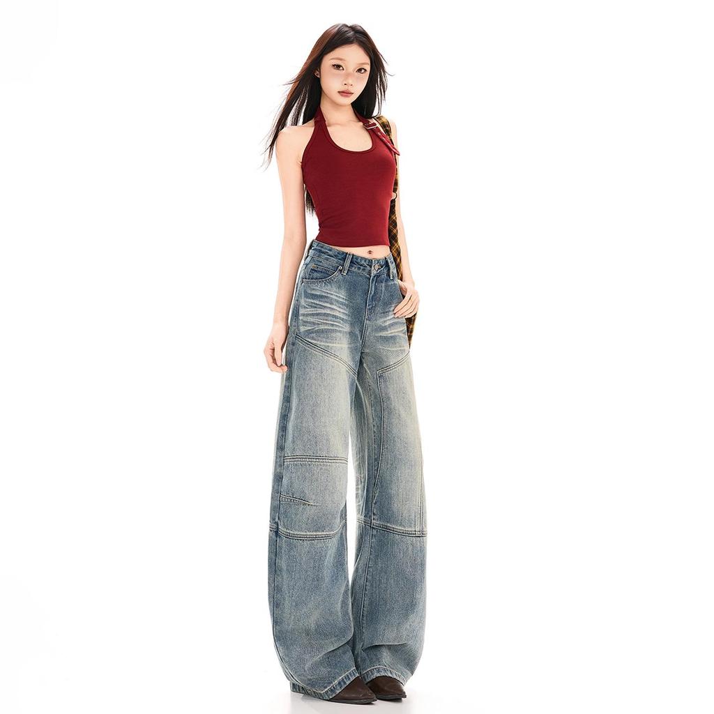 Women's Scimitar Patchwork Wide-Leg Jeans - Retro Niche Design, Spring/Summer 2026