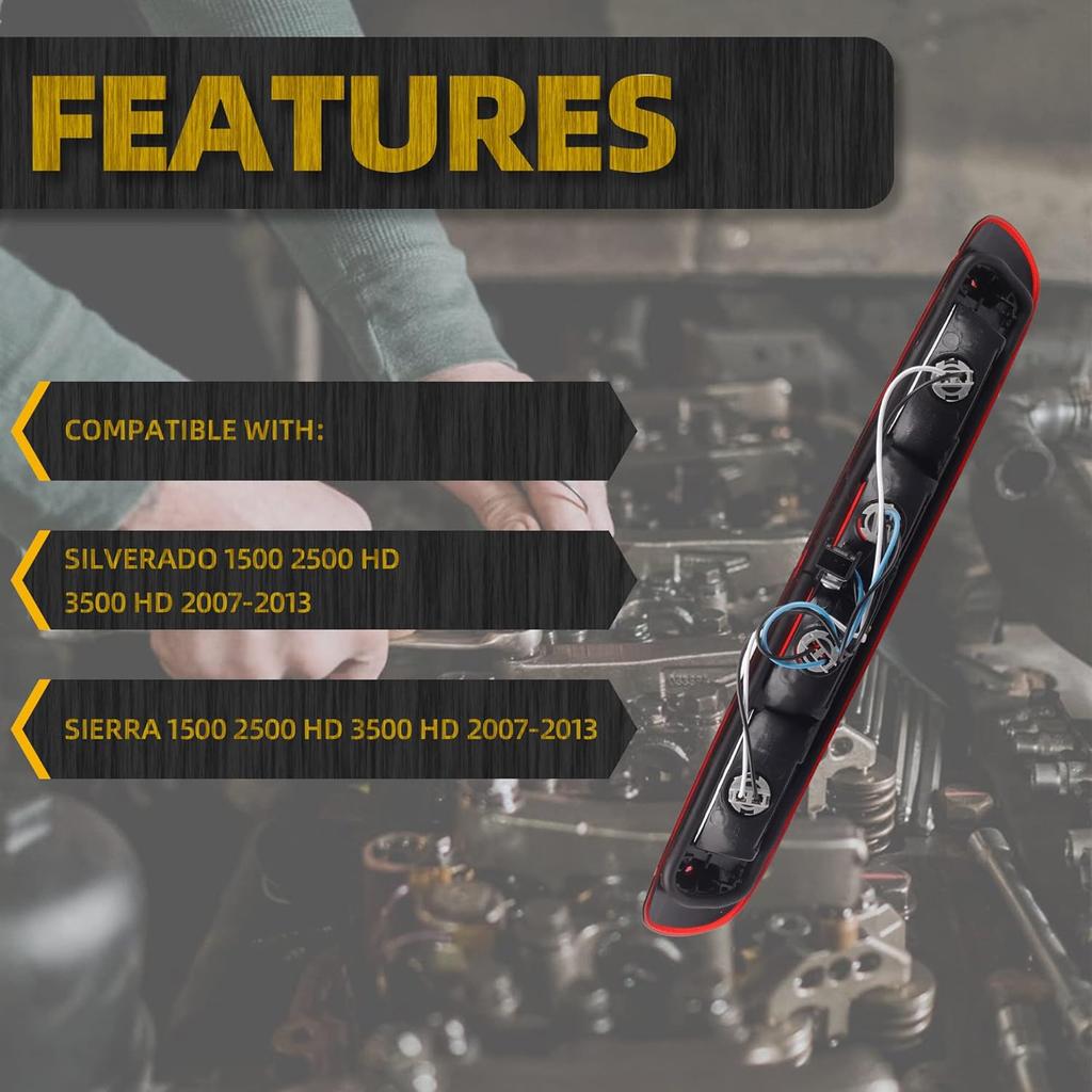 Dasbecan GM25890530 Red Rear Center High Mount Brake Light Compatible With GMC Sierra Chevy Silverado 2007-2013 Replace 923-247 Led Lamp Red Housing