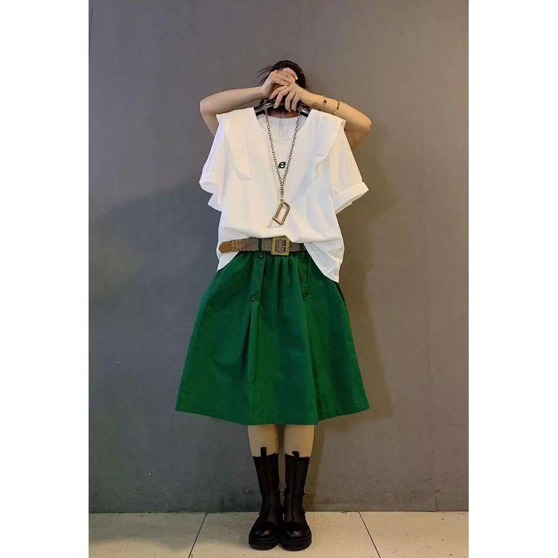 

Plus Size Ladies Wooden Ear plus Size Giant Figure Flattering Short Sleeve Top Tops + overskirt (Two-piece set) 5XL