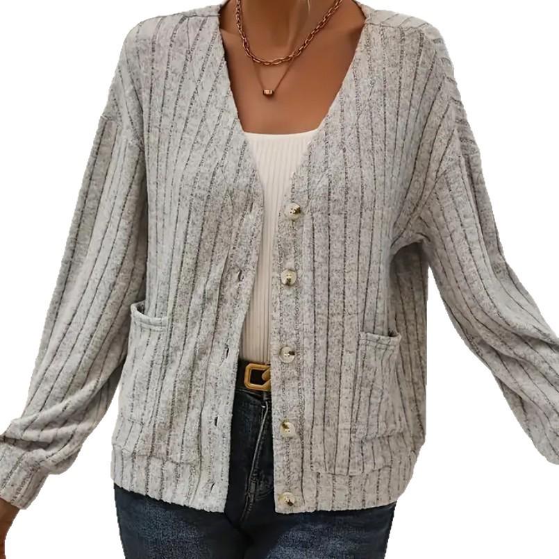 European and American Women's Solid Color V-Neck Button Cardigan Coat, Loose Fit, Long Sleeve, 2025 Spring/Autumn/Winter Collection.