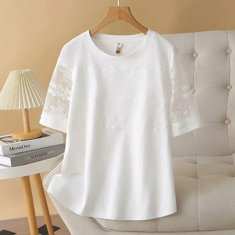 Модный женский топ свободного кроя с круглым вырезом и вставками из кружева, стильная короткорукавная футболка L белый