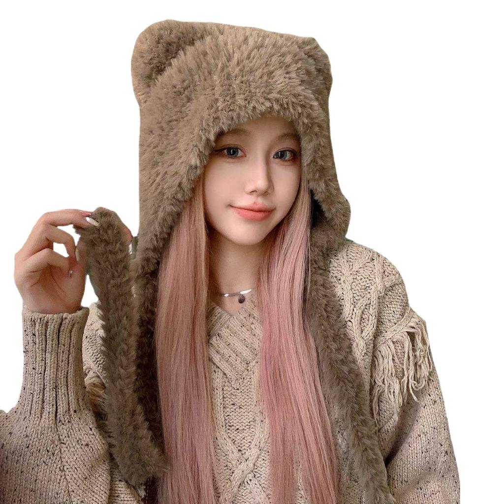 Bear Ears Woolen Knitted Hat for Women In Winter Showing Face Small Plush Cute Ear Protection Warm Big Headband Cold Hat