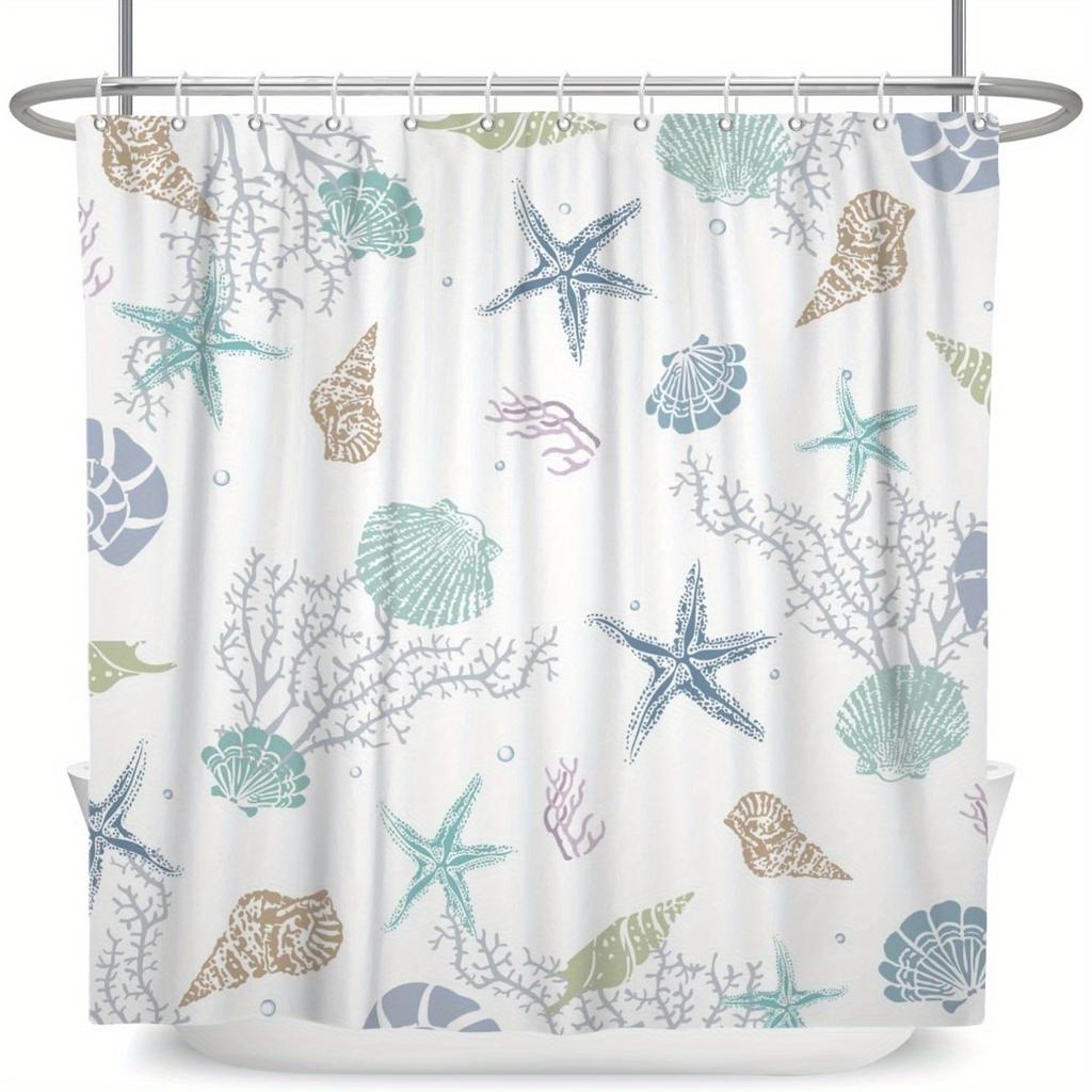 Ocean-Themed Coastal Shower Curtain - Coral, Conch & Seashell Design, Polyester Set with 12 Hooks for Bathroom Decor