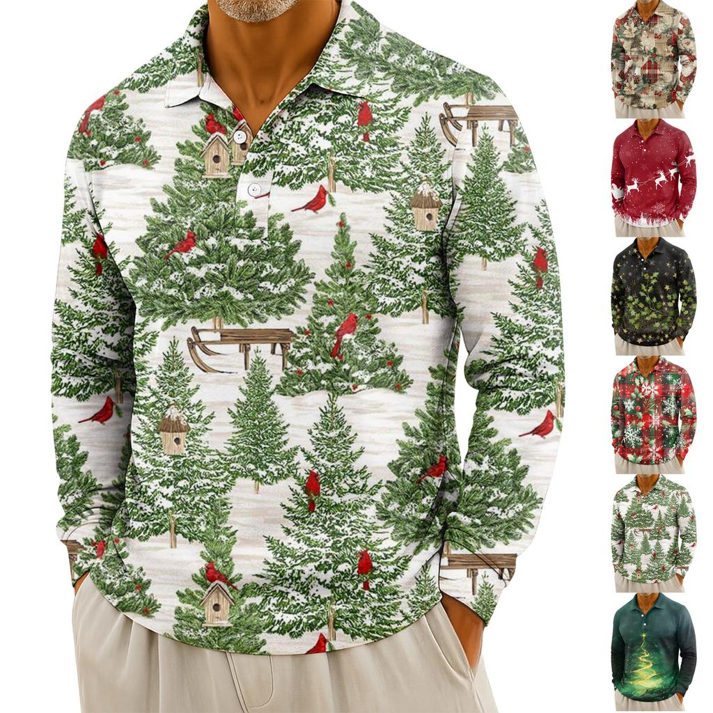 Men's Casual Christmas Print Button Long Sleeve Shirt