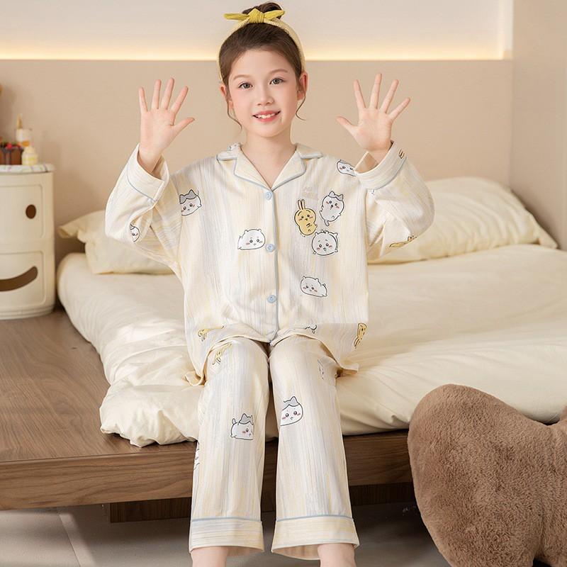 Girls Cotton Pajama Set With Collar Long Sleeve Cartoon Print Fall Kids Sleepwear Comfortable Home Outfit