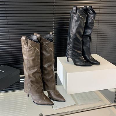 Stivali pantaloni Stivali da cowboy western Invernali nuovi Stivali alti a tubo con tacco sottile a punta rivettati