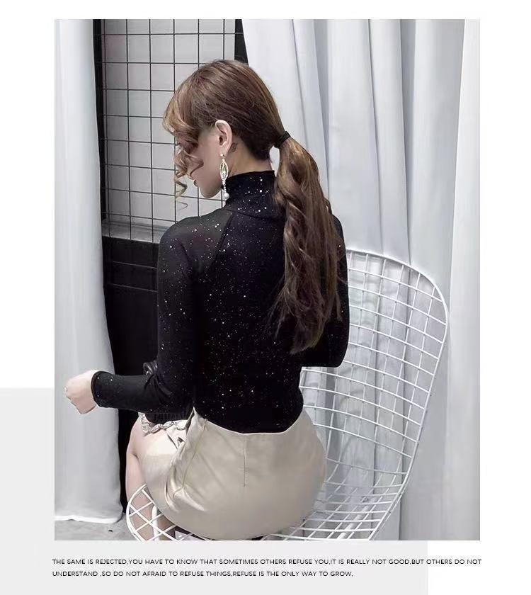 Women's Slim Fit Semi-High Neck Mesh Sequin Top - Long Sleeve, Autumn/Winter 2025