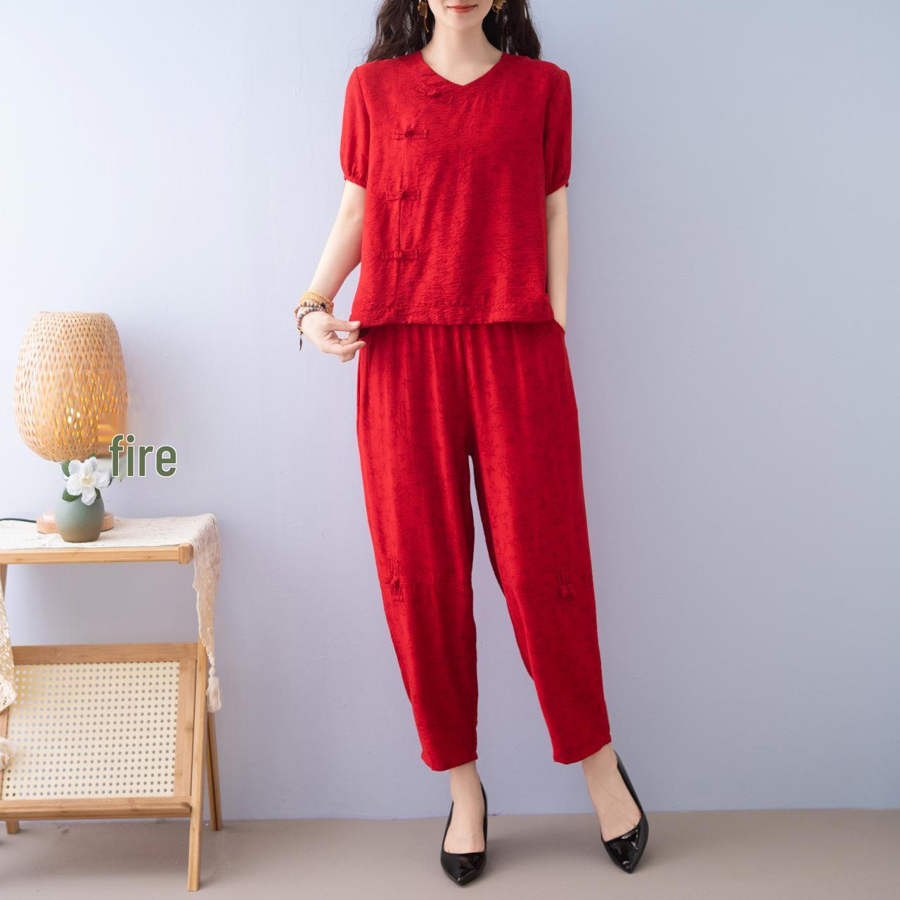 

Женский летний повседневный костюм в китайском стиле с жаккардовым узором - Комплект из двух предметов с коротким рукавом, свободного кроя, приталенный XL (approx. 50-60 kg) красный