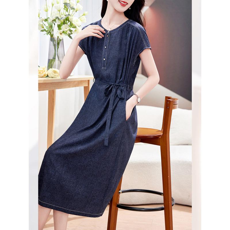 

Шелковое джинсовое платье летнее с коротким рукавом женское повседневное дизайн талия новое платье средней длины XXXL синий