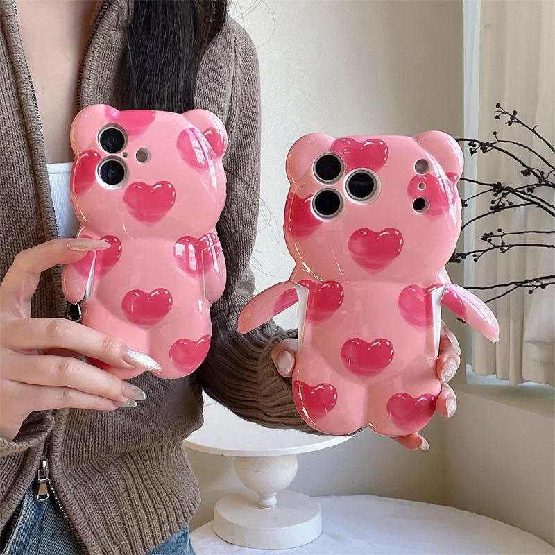 Cartoon Love Heart Bear Anti-fall Phone Case for iPhone 11, 13, 14, 15, 16, 17, PRO/MAX Series