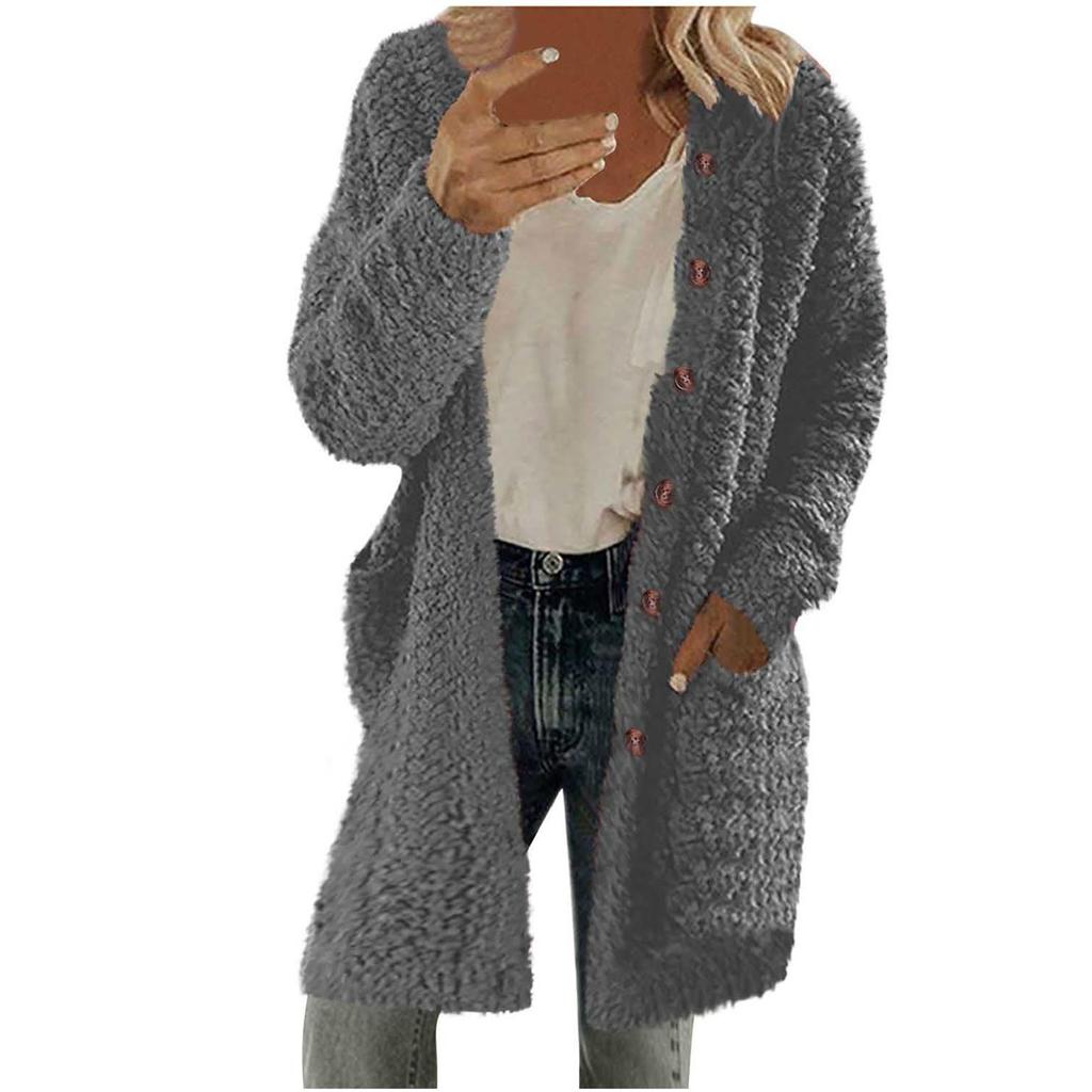 Women's Casual Solid Color Round Neck Long Sleeve Plush Casual  Jacket