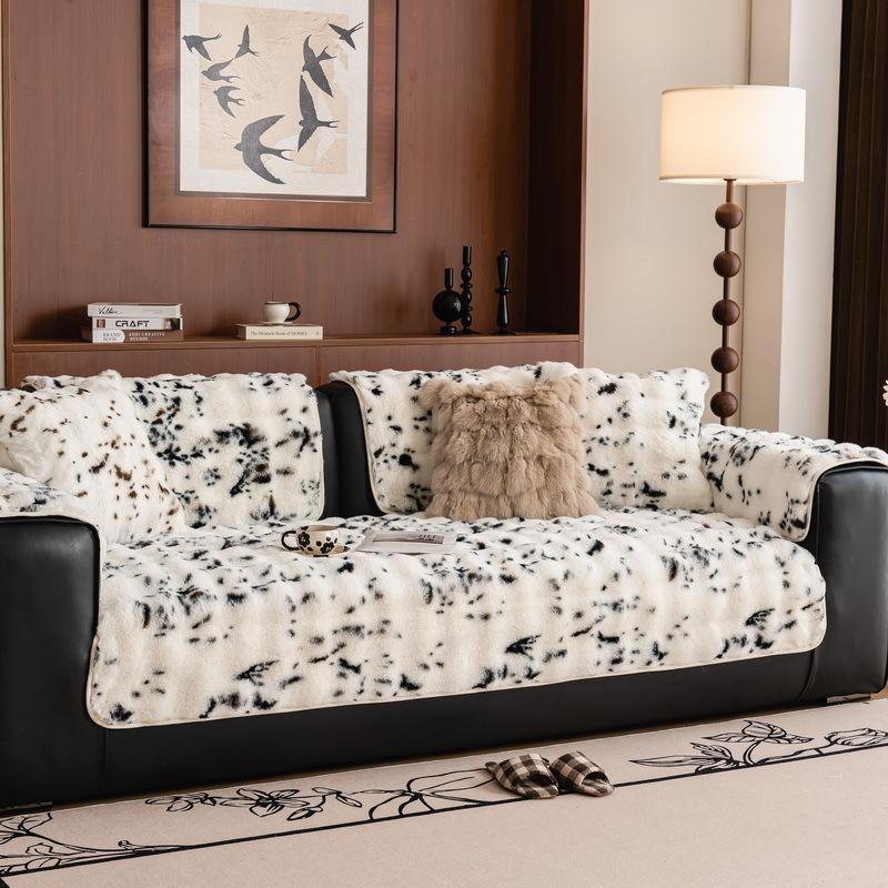 Premium Rabbit Plush Sofa Cushion  New Winter Plush Straight Row Leather Sofa Seat Cushion Non-Slip Armrest Cover