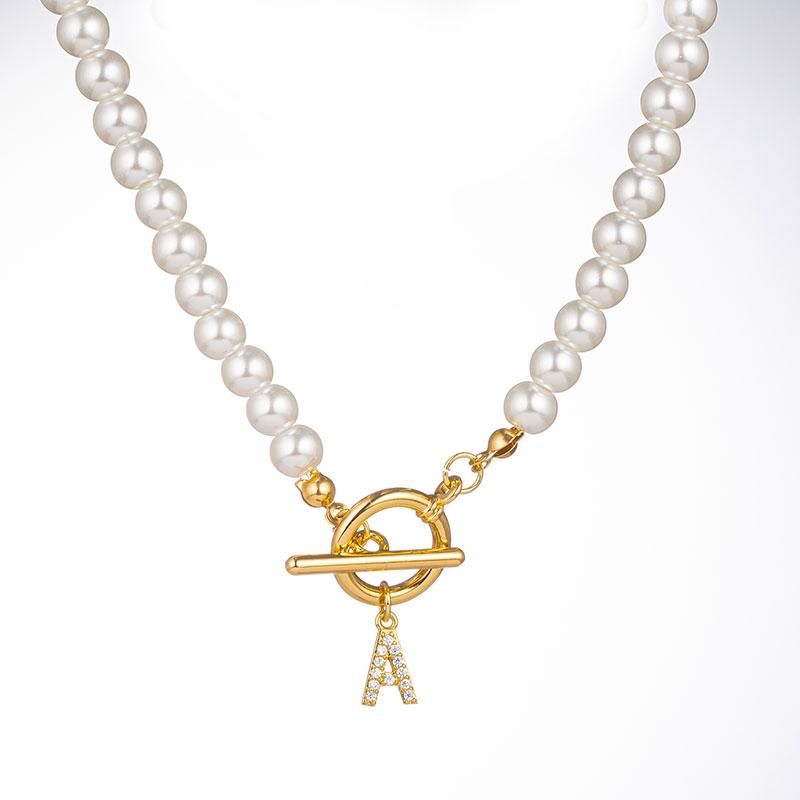 Zircon Crystal Initial A-Z Letter Pendant Necklace for Women Toggle Clasp Imitation Pearls Necklaces Wedding Jewelry Gift