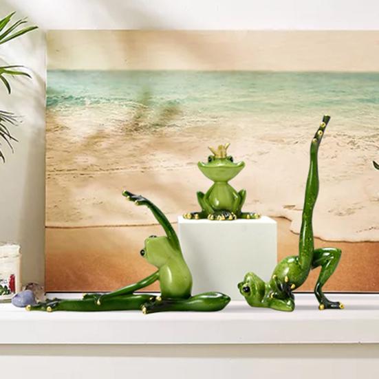 Yoga Frog Statue Cartoon Couple Frog Figurine Resin Sports Frog Sculpture Home Office Desktop Decoration Ornament