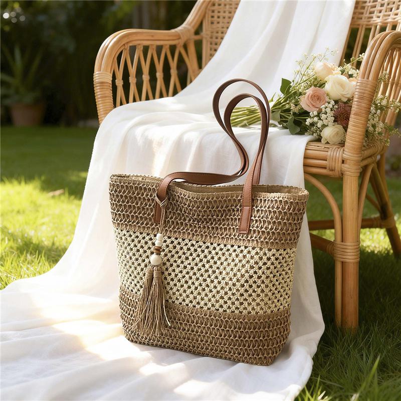 Geantă de plajă din paie țesută pentru femei, geantă de mână de vară, geantă de umăr din ratan natural, geantă stil casual de vacanță