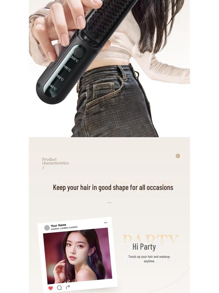 Portable Wireless Hair Straightening Comb with Negative Ions, No Damage, Mini Styling and Curling Tool