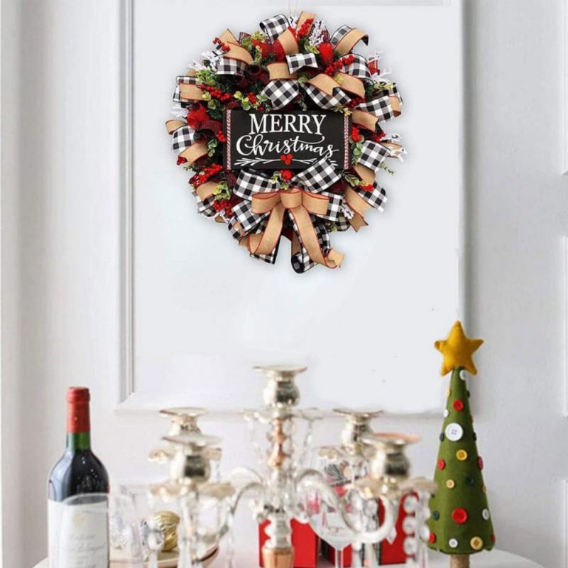 25/30cm Christmas Wreath Grid Bownot Simulated Berry Pinecone Wreaths Front Door Garlands Hanging Ornament Happy New Year Decor