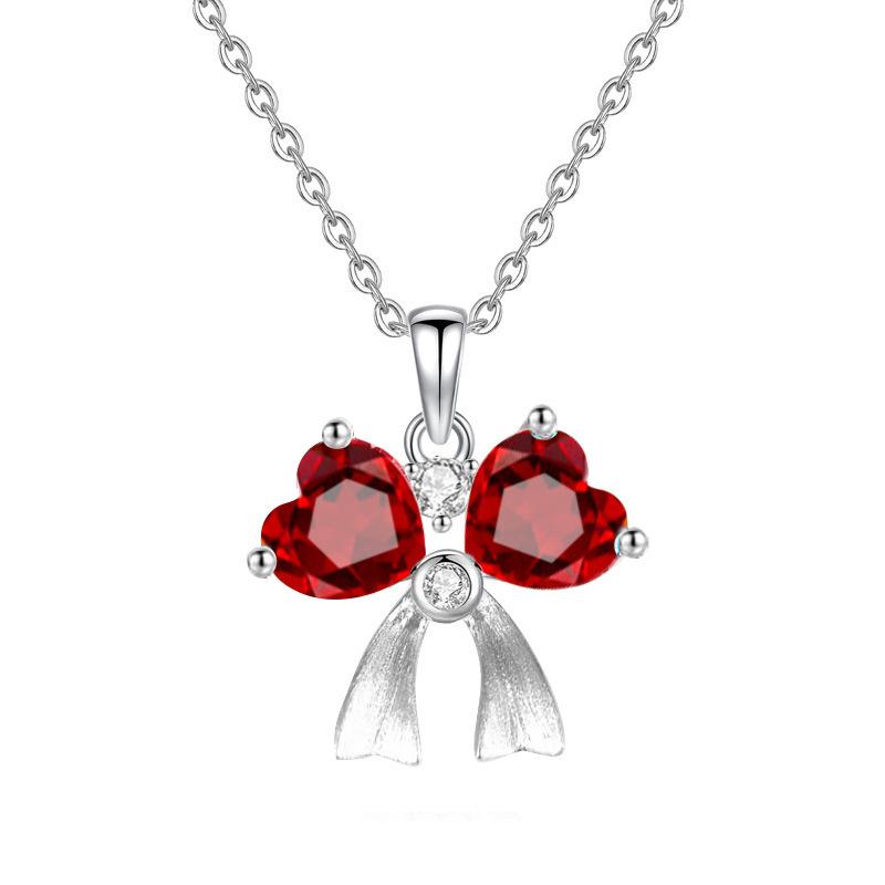 S925 Silver Bowknot Pendant Necklace with Natural Crystal, Love Heart Design