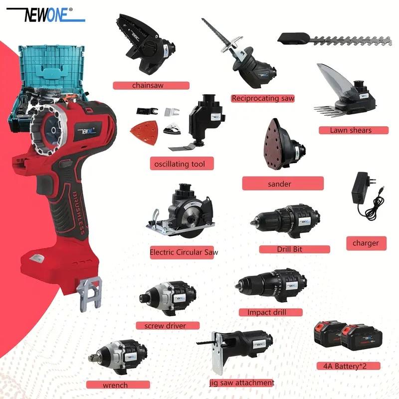 18V 12 in 1 brushless multifunctional tool set,include: drill, impact drill, circular saw, recip saw screwdriver, hedge trimmer