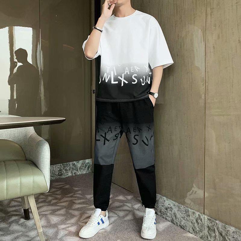 

Men s Gradient Color Summer Hip Hop Matching Set: Short Sleeve Top & Long Pants in Korean Streetwear Style Large