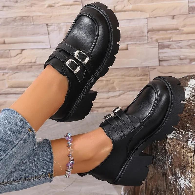 Pluss Størrelse Mote Loafers Dames Høye Hæler Rund Tå Tykke Hæler Plattform Spennestropp Pumps For Klassikere Daglig Kontor