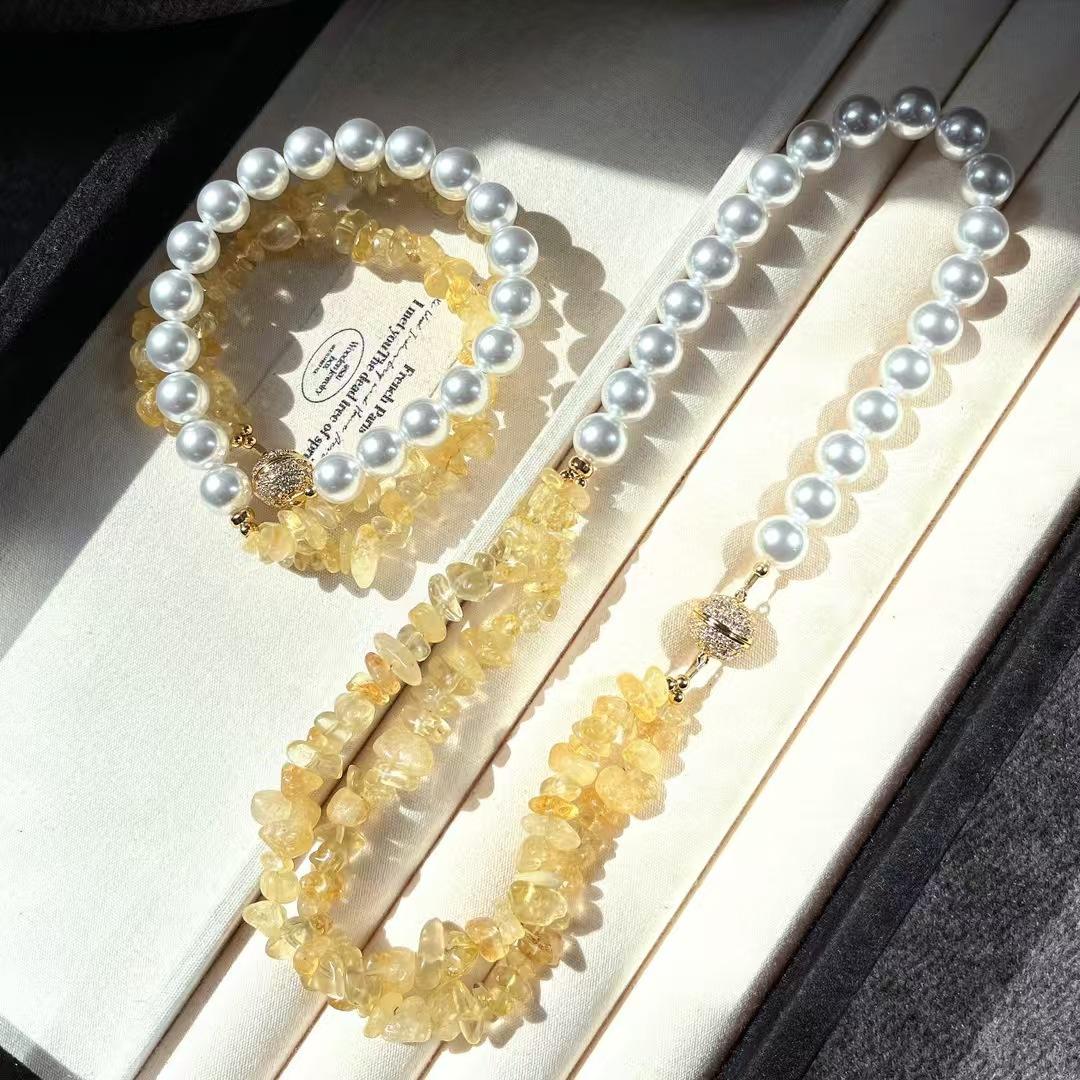 Vintage Highlight Artificial Crystal Cold White Pearl Citrine Double Necklace Clavicle Chain