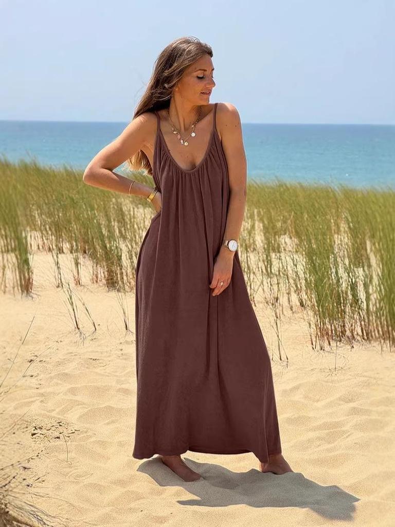 European Seaside Holiday Backless Spaghetti Strap Women's Summer V-Neck Maxi Dress
