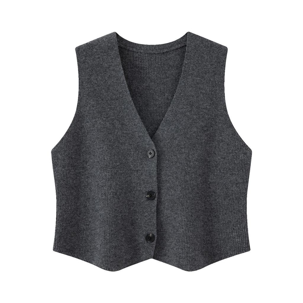 Women's Petite 100% Wool Knit Cropped Vest Cardigan - Autumn/Winter Style, Single-Breasted