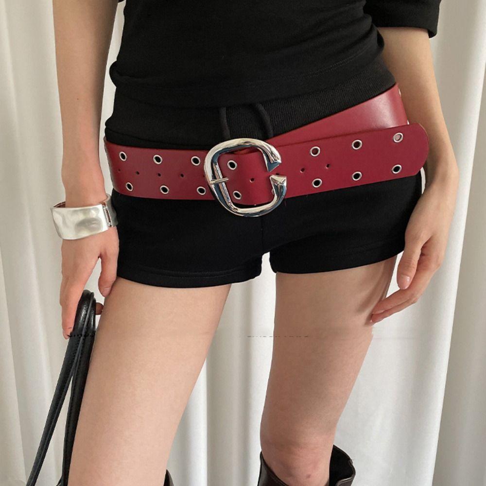 Vintage Women Wide Belt Metal Buckle Punk Style Belt Retro Leather Waistband  Girls