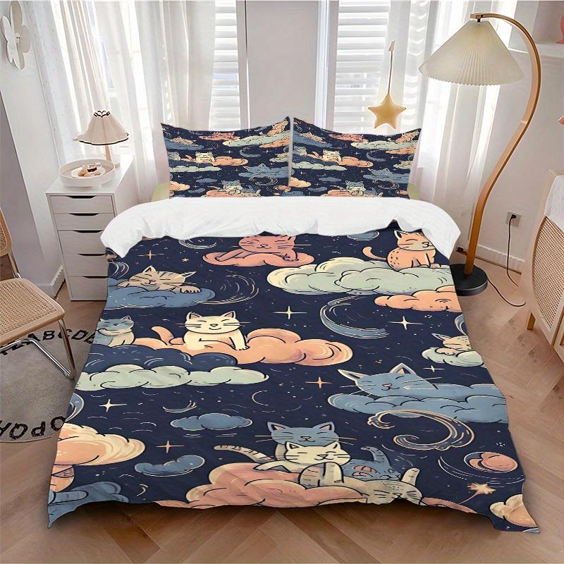 

3pcs Cloud Cats Soft Comfortable Bedding set, For Bedroom, Guest Room And Dorm, All - Season Use, High-Definition Printing118 135x200cm