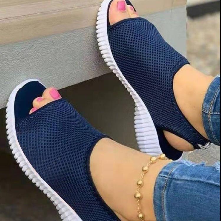 2021 Summer New Women's Mesh Knit Fishmouth Sandals with Thick Sole, Plus Size, Slip-On
