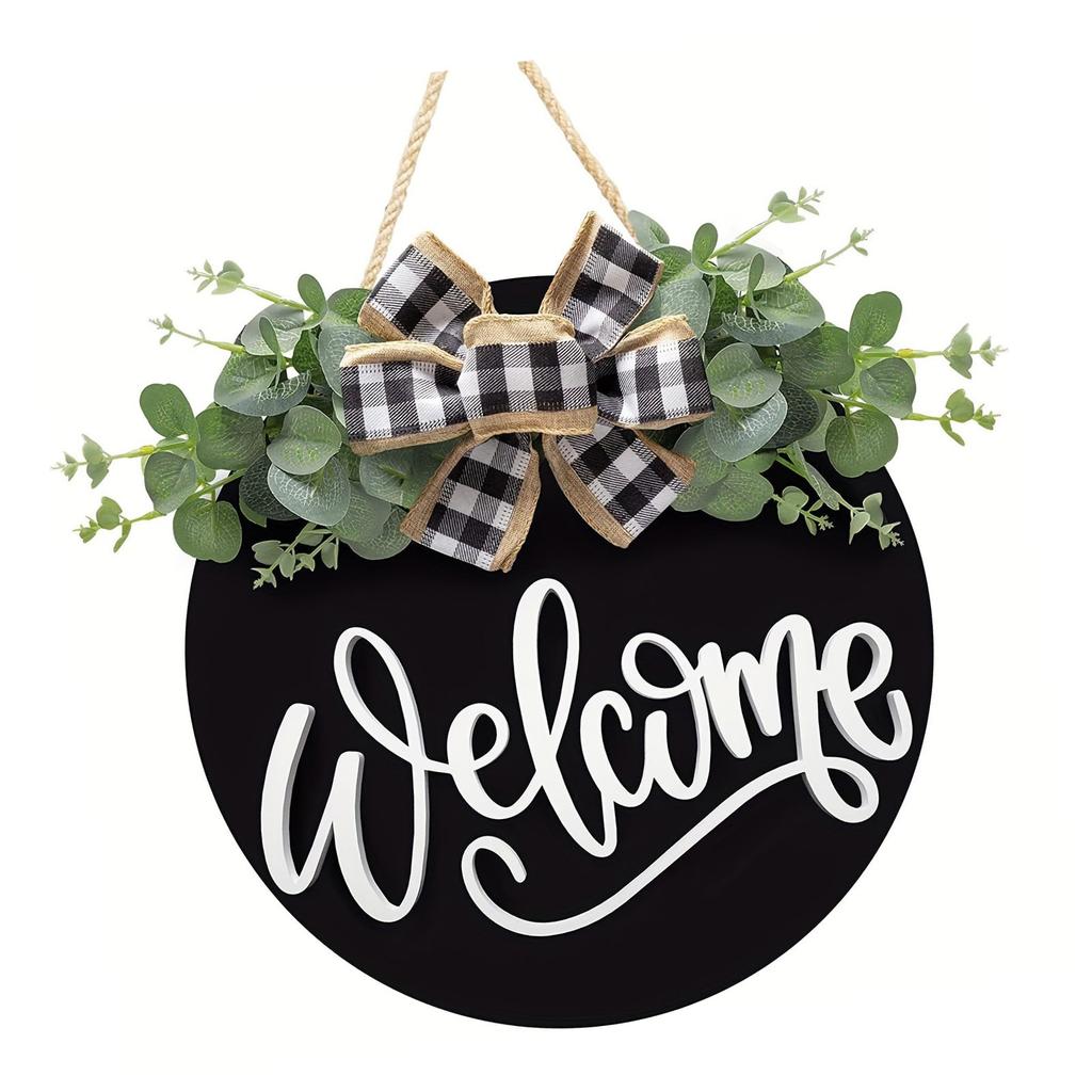 Welcome Door Sign Black Color Wreath Round Shape Hanging Welcome Doorplate for Home