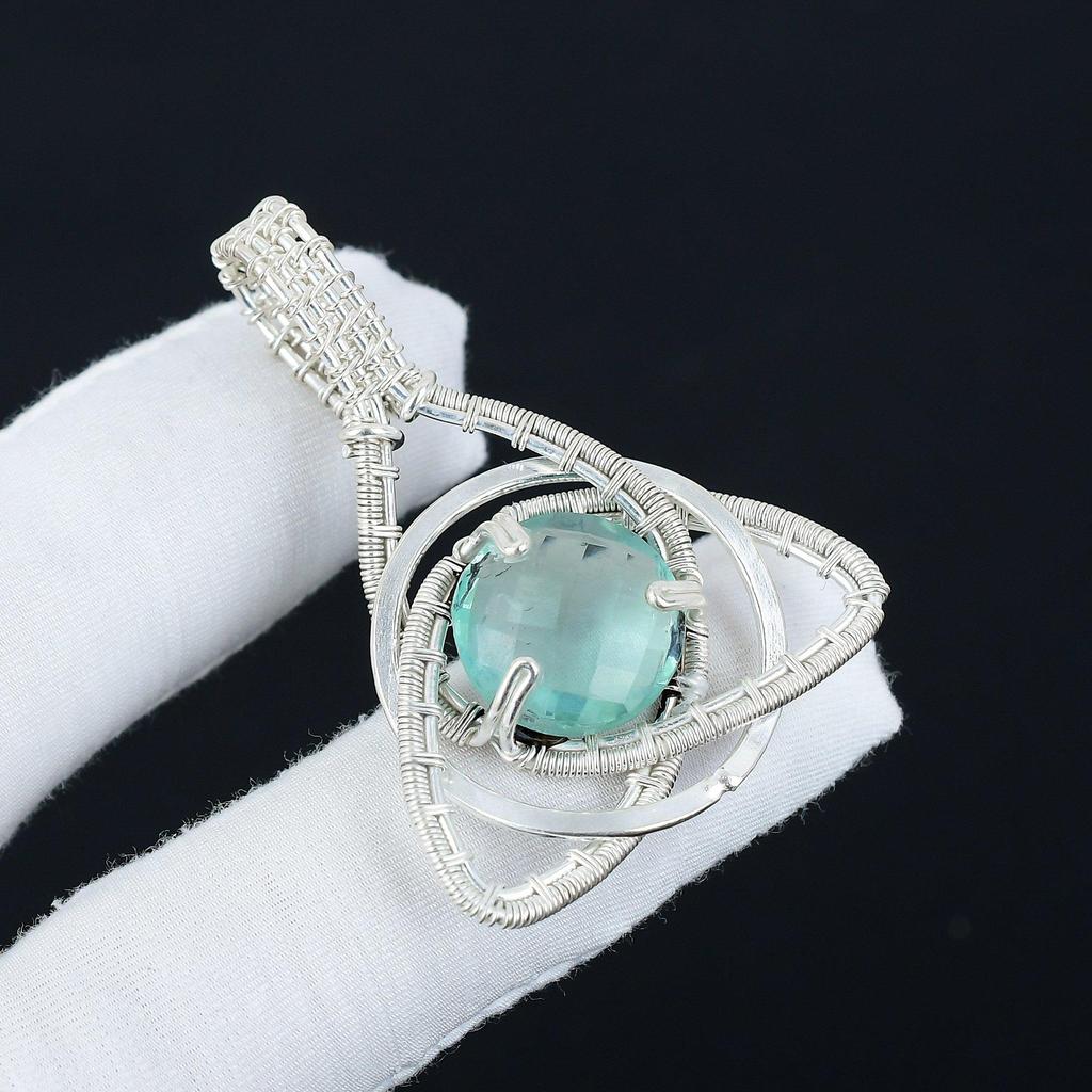 Aquamarline Gemstone Silver Pendant In 925 Sterling Silver- Handmade Design, Celtic Family Knot Wire Wrapped Everyday Jewelry, Party Wear Gift