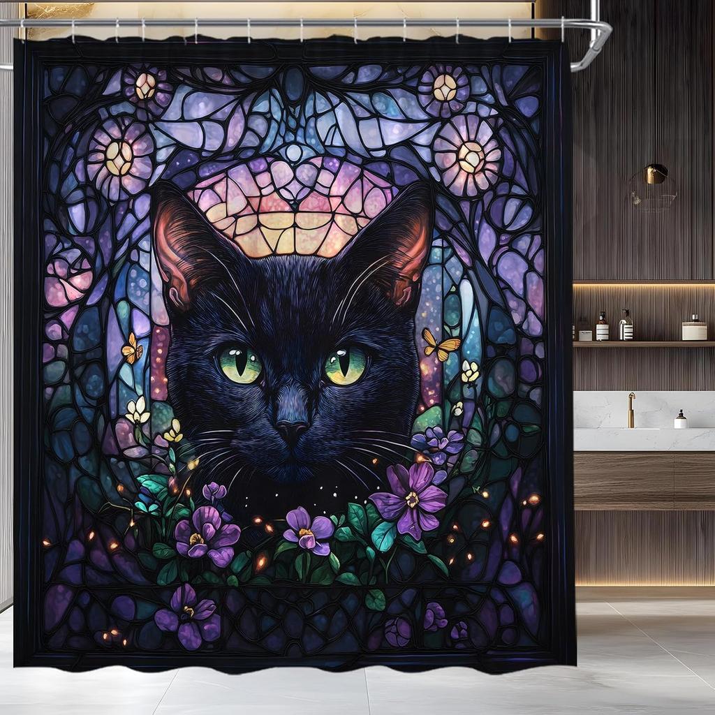 Black Cat Shower Curtain Stained Glass Funny Kitty Floral Abstract Art Gothic Style Halloween Fabric Bathroom Decor Set