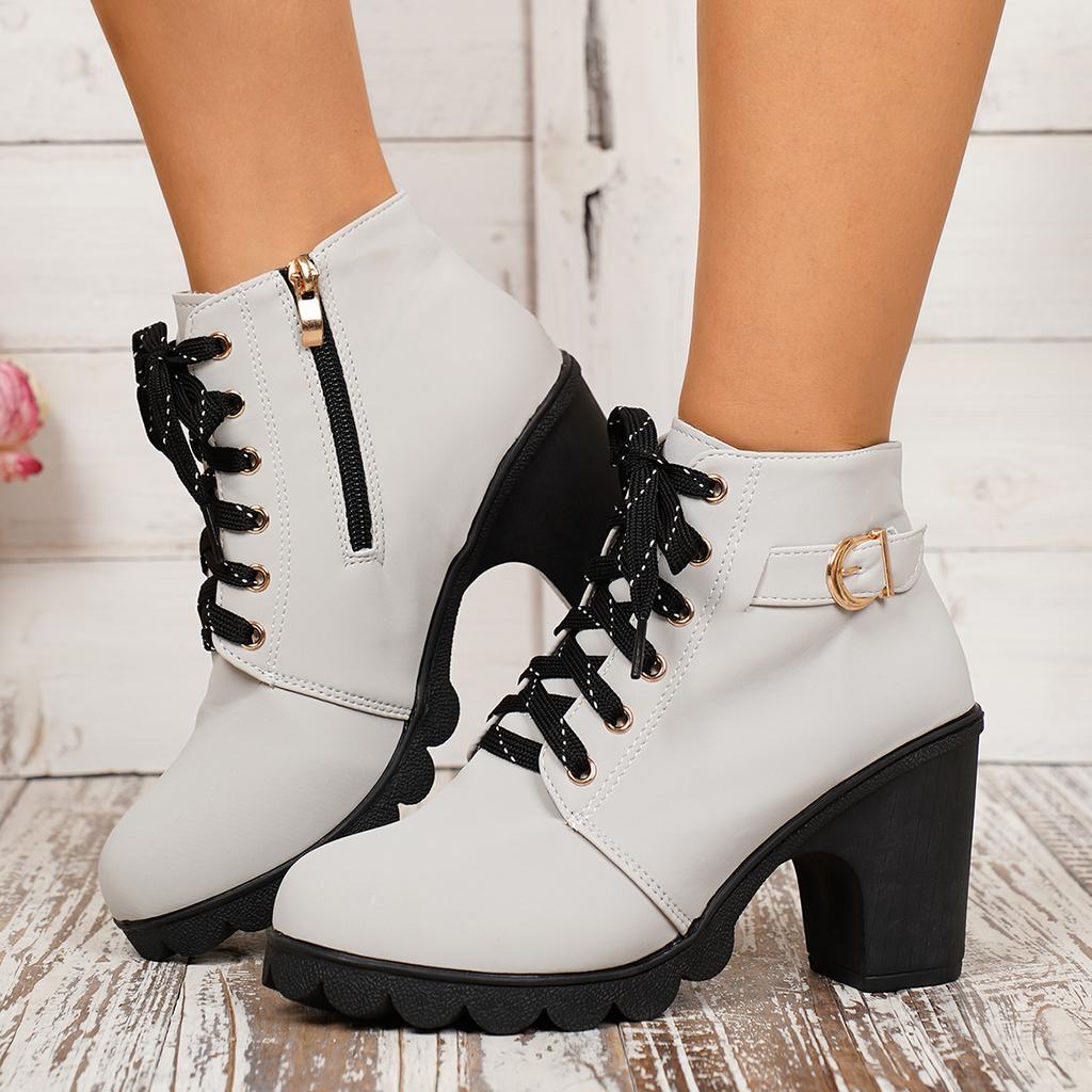 Moda 2025 Nowe Damskie Botki na Wysokim Obcasie Jesień Zima Sznurowane Antypoślizgowe Krótkie Buty Moda Nowe Damskie Buty Kobiety Zapatos De Mujer