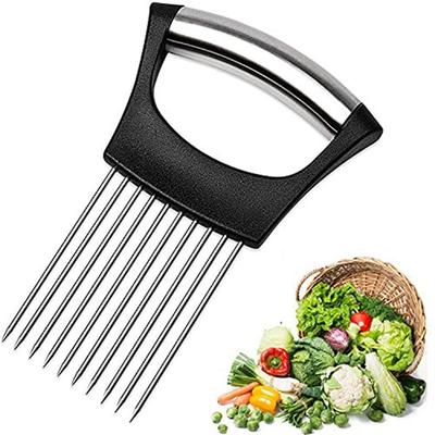 Stainless Steel Vegetable Slicer Rack - 10-Prong Onion Tomato Meat Cutter Holder, Kitchen Safety Slicing Gadget With Non-Slip Handle (14x9.5cm)