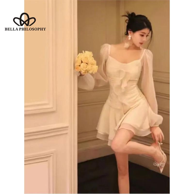 Francouzský styl Síťovaný čtvercový límec s dlouhým rukávem Elegantní Jemný upnutý pas Krátké šaty s volánky s vysokým pasem