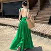 French red v-neck strap neck dress for women's seaside vacation, beautiful backless sexy split-ended slim dress