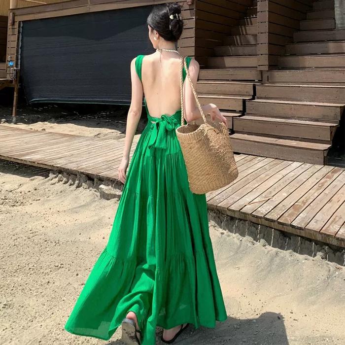 French red v-neck strap neck dress for women's seaside vacation, beautiful backless sexy split-ended slim dress