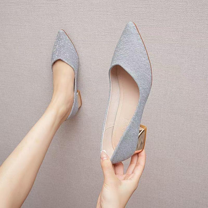 French Thick Heel with Skirt Single Shoes 2025 Spring and Summer New Pointed Head Shallow Mouth Fashion Bridesmaid Shoes Versatile Temperament Women'