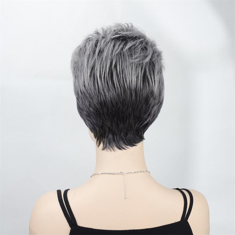 Synthetic Mixed Old Woman Wig Ombre Short Wave Hair Natural Layered Grandmother Wigs with Bangs Cosplay Costume