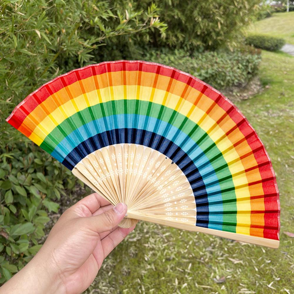 Rainbow Folding Fan Hand Held Fan Bamboo Frame Waterproof Vibrant Colors Hand Fans Home Decorations
